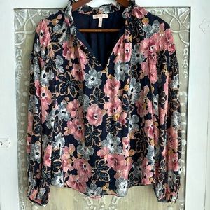 Rebecca Taylor Navy & Pink Silk Floral Long Sleeve Blouse, Size 2